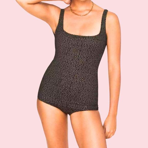 Andie One Piece Swimsuit Jacquard Print Sz S Square Neck Black Gold Demi Moore